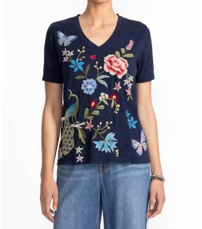 Johnny Was Floral-embroidered Cotton T-shirt In Blue