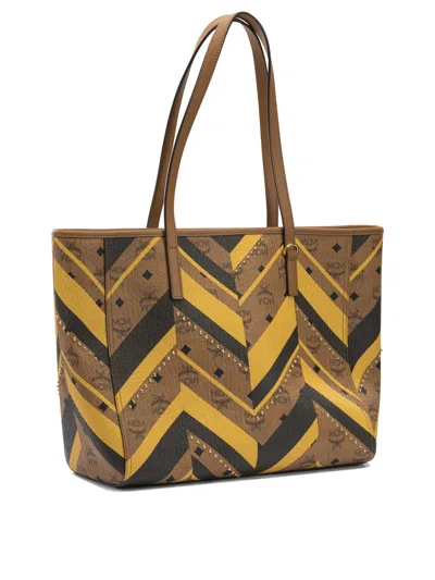 Mcm Chevron Pattern Tote Bag With Dual Handles In Brown