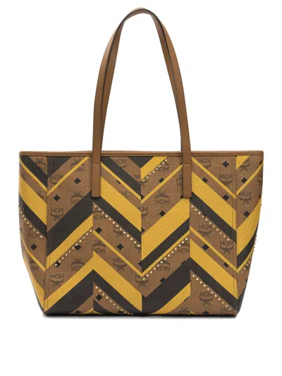 Mcm Chevron Pattern Tote Bag With Dual Handles In Brown