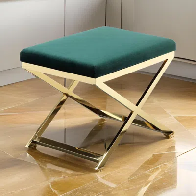 Hivvago Sovi 24 Inch Accent Stool Ottoman Bench, Plush Green Velvet, Gold X Base In Multi