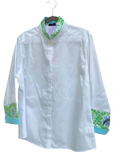 Pearly Vine Women's Beth Bell Sleeve Shirt In White With Aqua & Green In Blue