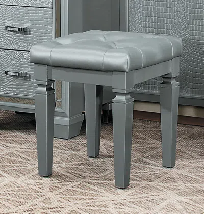 Hivvago Wooden Vanity Stool With Faux Leather Tufted Seat, Gray In Gray