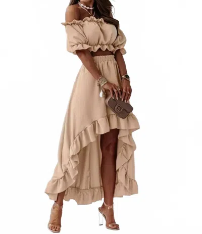Doublju Tessa Off The Shoulder Cropped Hi Low Ruffled Two Piece Skirt Set In Tan In Neutral