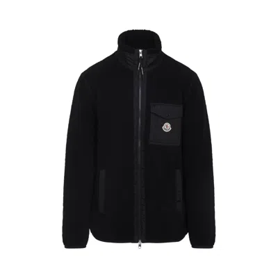 Moncler High Collar Fleece Cardigan Chest Pocket In Black