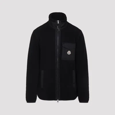 Moncler High Collar Fleece Cardigan Chest Pocket In Black