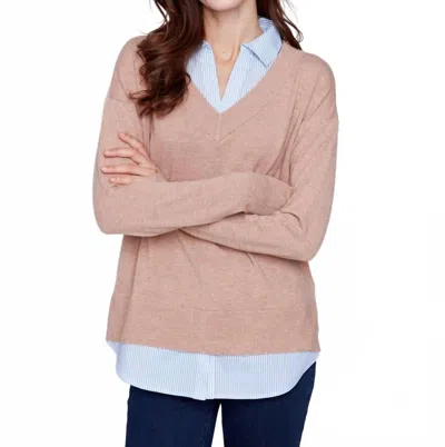 Charlie B V-neck Fooler Sweater With Shirt Collar In Caramel In Pink