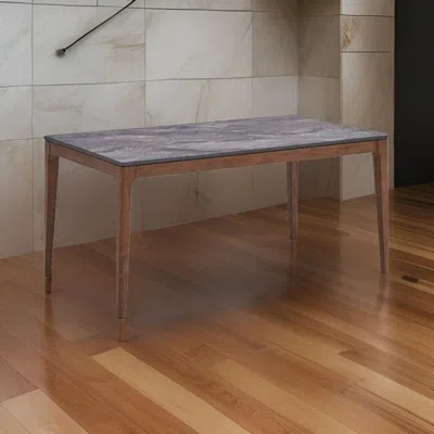 Hivvago Evis 63 Inch Dining Table, Marble Grain Faux Stone Top, Walnut Brown Wood In Brown