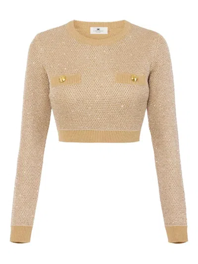 Elisabetta Franchi Knitted Long-sleeved Cropped Top With Sequins Clothing In Brown