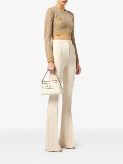Elisabetta Franchi Knitted Long-sleeved Cropped Top With Sequins Clothing In Brown