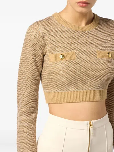 Elisabetta Franchi Knitted Long-sleeved Cropped Top With Sequins Clothing In Brown