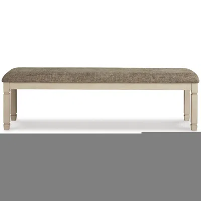 Hivvago 65 Inch Two Tone Dining Bench, Woven Fabric Cushion, Vintage White Wood In Neutral
