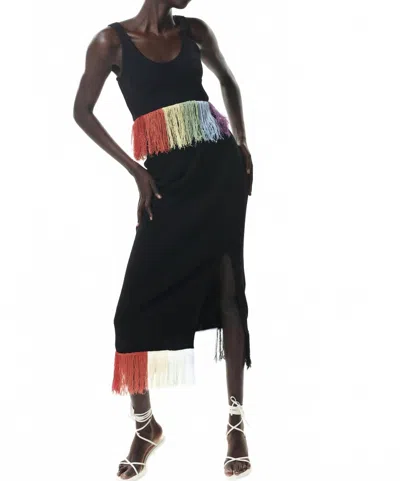 Olivia Rubin Faye Rainbow Fringe Midi Skirt In Black In Black