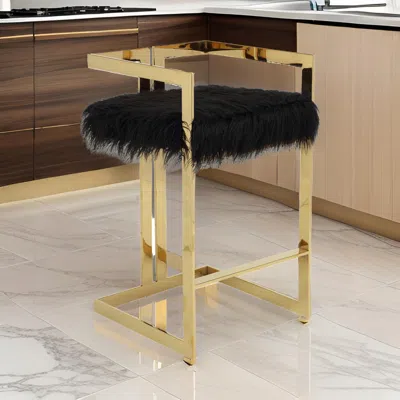Hivvago Suki 30 Inch Barstool Chair, Black Faux Fur Seat, Gold Cantilever Base In Gold