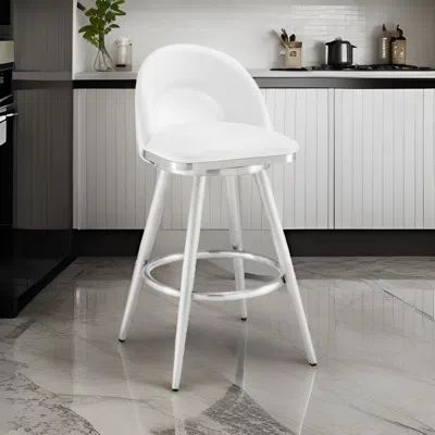 Hivvago Visy 30 Inch Swivel Barstool Chair, Round Open Back, White Faux Leather In White