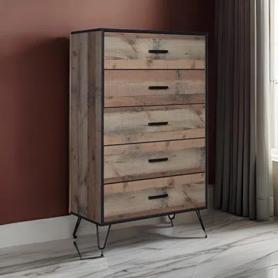 Hivvago Lala 50 Inch Tall Dresser Chest, 5 Drawers, Black Handles, Rustic Brown In Brown