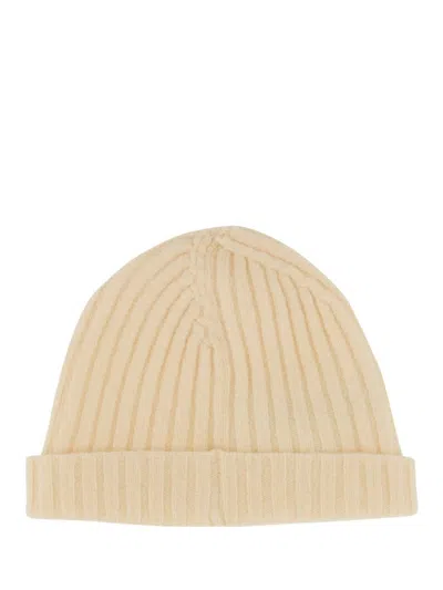 Jil Sander Ribbed Wool Beanie Hat With Folded Cuff In Brown
