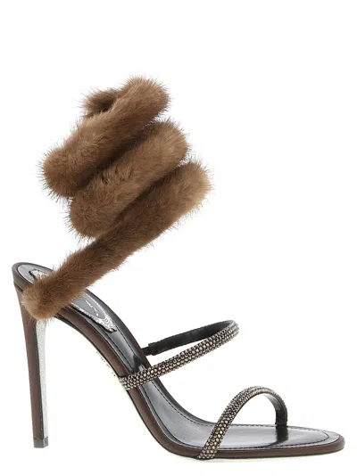 René Caovilla Heeled Sandal With Real Fur Details In Brown