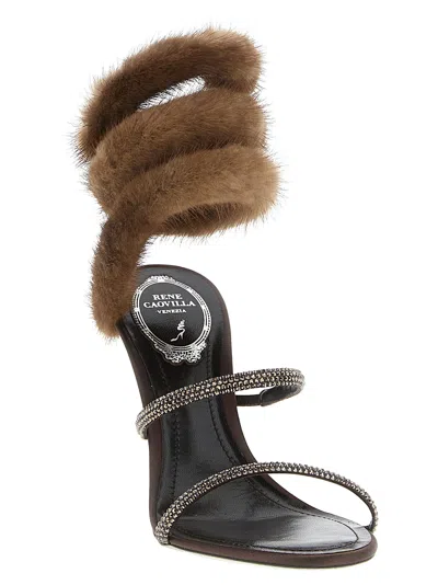 René Caovilla Heeled Sandal With Real Fur Details In Brown