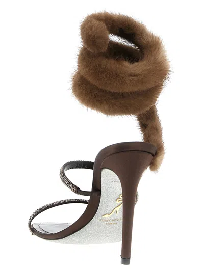 René Caovilla Heeled Sandal With Real Fur Details In Brown