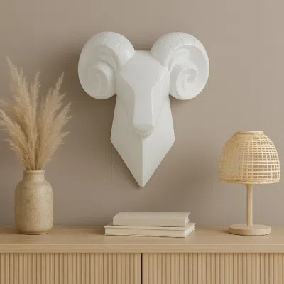 Hivvago Ellena Ram Head Wall Decor, Modern Glossy White Resin Frame, 15 Inch In White
