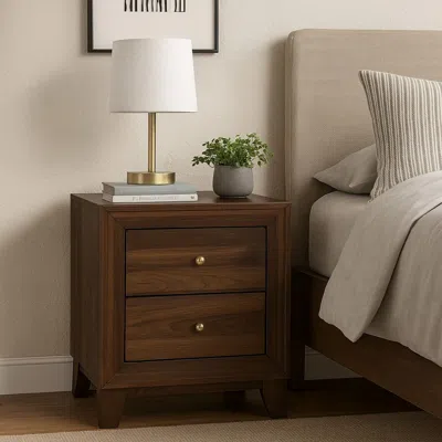 Hivvago Yels Nightstand With 2 Drawers, Gold Metal Knobs, Walnut Brown In Brown