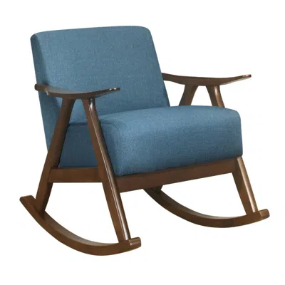 Hivvago Tim 37 Inch Rocking Armchair, Blue Polyester, Walnut Brown Solid Wood In Blue