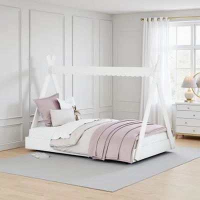 Hivvago Kally Full Size Floor Bed, Tent Style Design, Matte White Wood In White