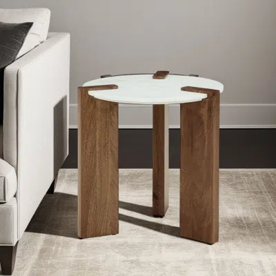 Hivvago Wrenn Side End Table, Round White Marble Top, 20 Inch Brown Mango Wood In Brown