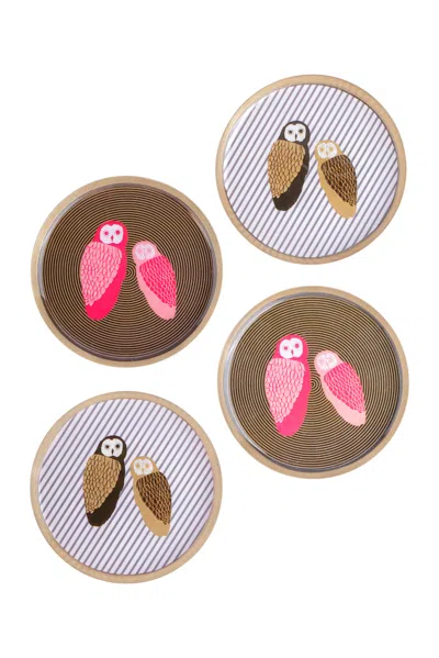 Tiramisu Eclectic Owl Metal Coaster Set In Brown