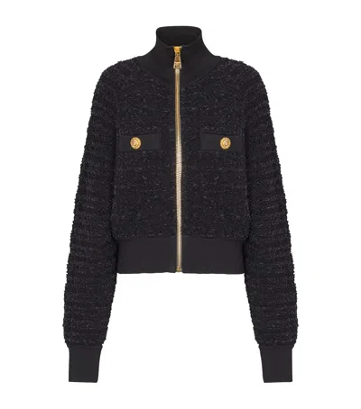 Balmain Textured Fabric Short Jacket With High Collar In Black