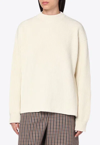 Jil Sander Stand-up Collar Ribbed Sweater In Neutral