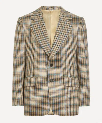 Husbands Mens Multicolour Houndstooth Single-breasted Wool Flannel Jacket In Brown