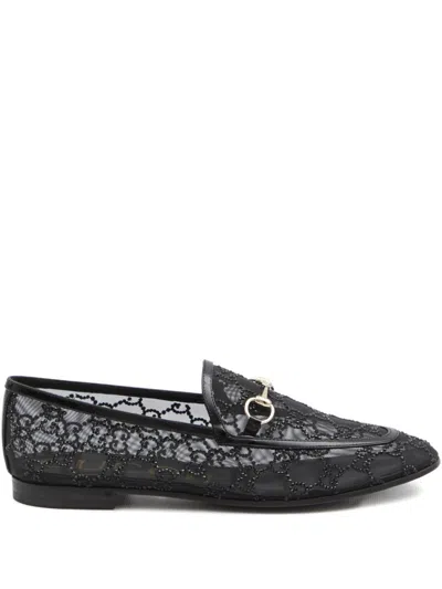 Gucci Almond Toe Mesh Loafers Embellished With Crystals In Black