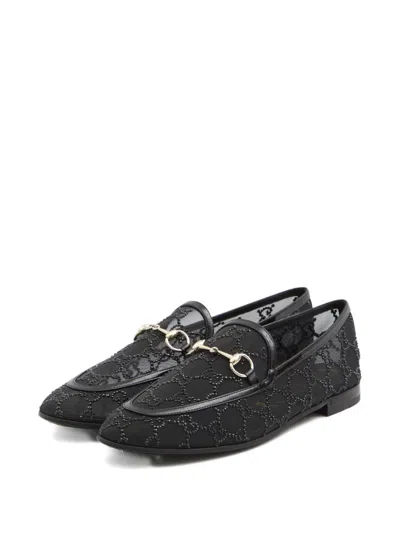 Gucci Almond Toe Mesh Loafers Embellished With Crystals In Black