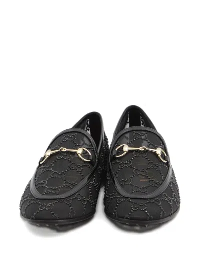 Gucci Almond Toe Mesh Loafers Embellished With Crystals In Black