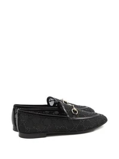 Gucci Almond Toe Mesh Loafers Embellished With Crystals In Black