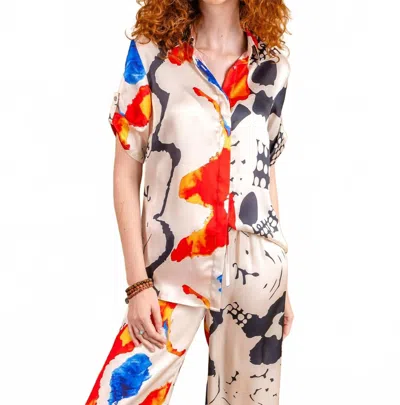 Paparazzi Satin Abstract Print Short Sleeve Blouse In Taupe In Multi