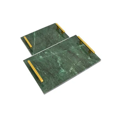 Hivvago Entro Tray Set Of 2, Rectangular Shape, 2 Gold Handles, Green Finish Marble In Green