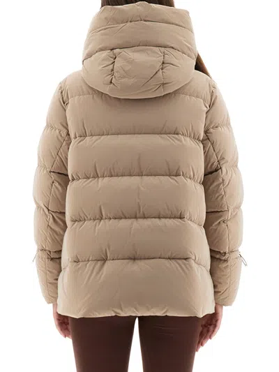 Moorer Long Quilted Jacket With Hood And Pockets In Neutral