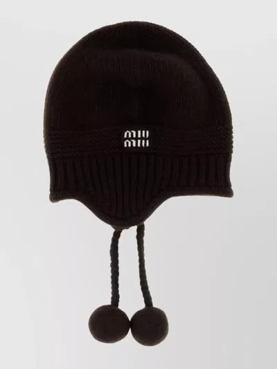 Miu Miu Knit Hat With Ear Flaps And Pom-poms In Black