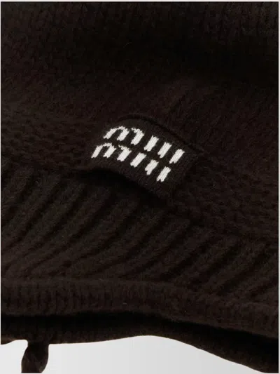 Miu Miu Knit Hat With Ear Flaps And Pom-poms In Black