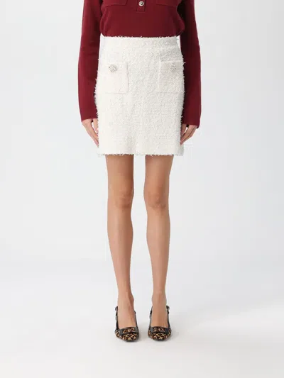 Self-portrait White Miniskirt With Pearl Embellishments And Button Detail In Tech Fabric Woman In White