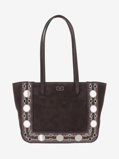 Valentino Studded Suede Double Handles Shoulder Bag In Burgundy