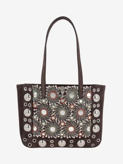Valentino Nellcote Mirror-embellished Suede Mini Tote Bag In Brown