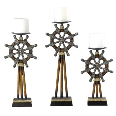 Hivvago Capi 3pc Candle Holder Set W Candles, Bronze Wheel Shape, Solid Base In Brown