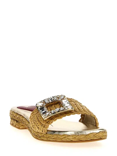 Roger Vivier Raffia Jewel Sandals Beige In Gold