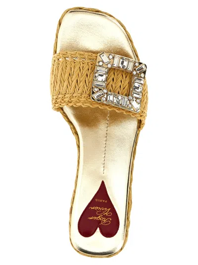 Roger Vivier Raffia Jewel Sandals Beige In Gold