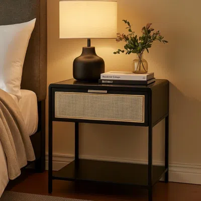 Hivvago Lanie Bedside Table With Drawer And Open Shelf, Pe Cane, Black Metal