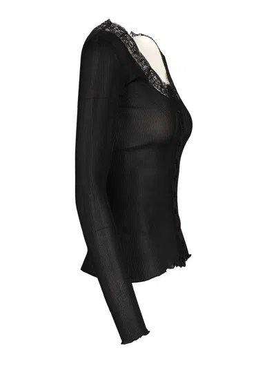 Saint Laurent Ribbed Silk And Lace Cardigan In Black