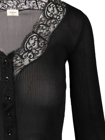 Saint Laurent Ribbed Silk And Lace Cardigan In Black